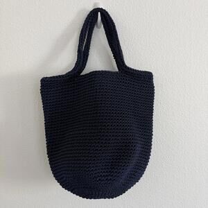 Handmade Moroccan Woven Crochet Cord Navy Mid-Size Bucket Bag